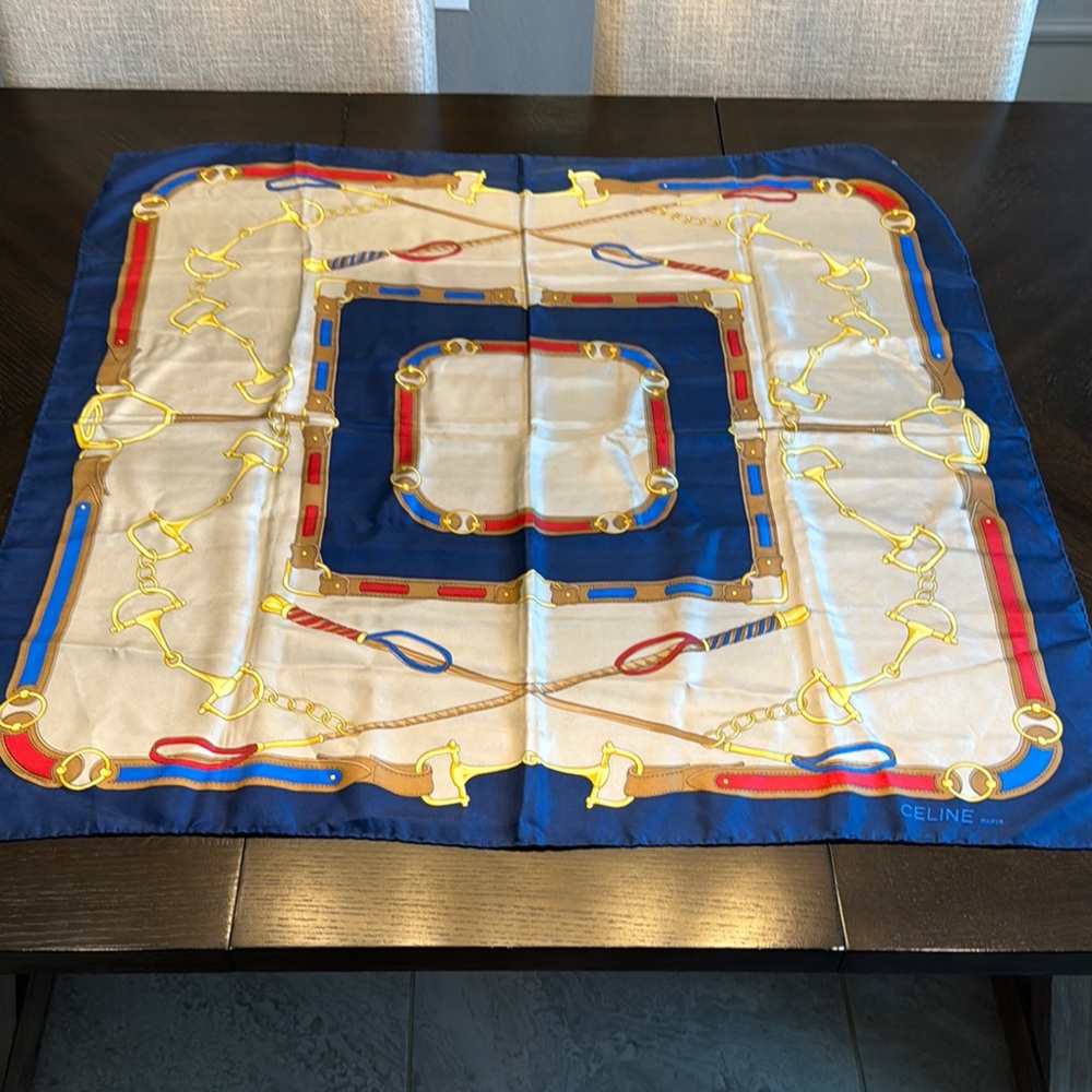 Celine Horsebit Blue and Gold Silk Scarf